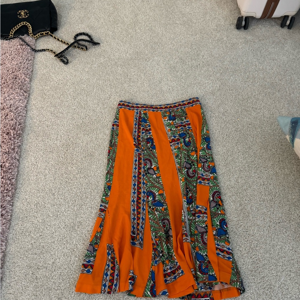 Tory Burch Orange Asymmetrical Tiered Midi Skirt